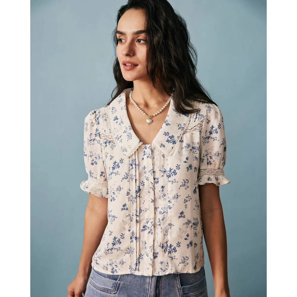 Rihoas The Lace Spliced Pleated Floral Shirt Cottagecore Coquette Top Blue White